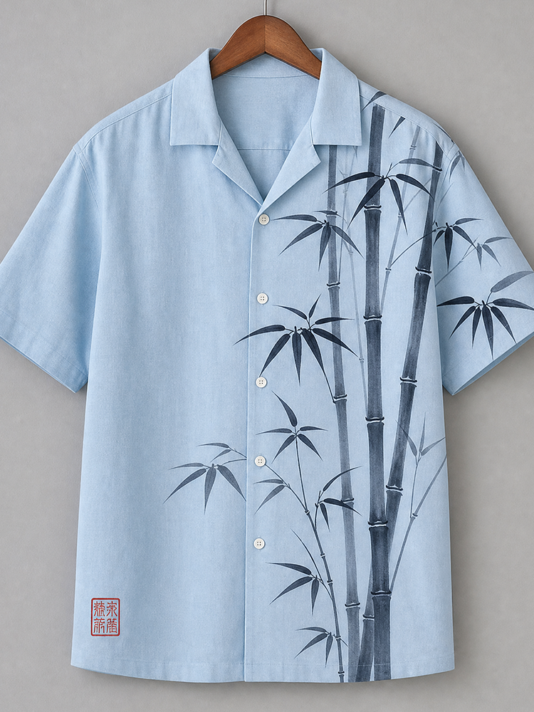Men's Light Blue Chinese Ink Wash Bamboo Print Short Sleeve Shirt