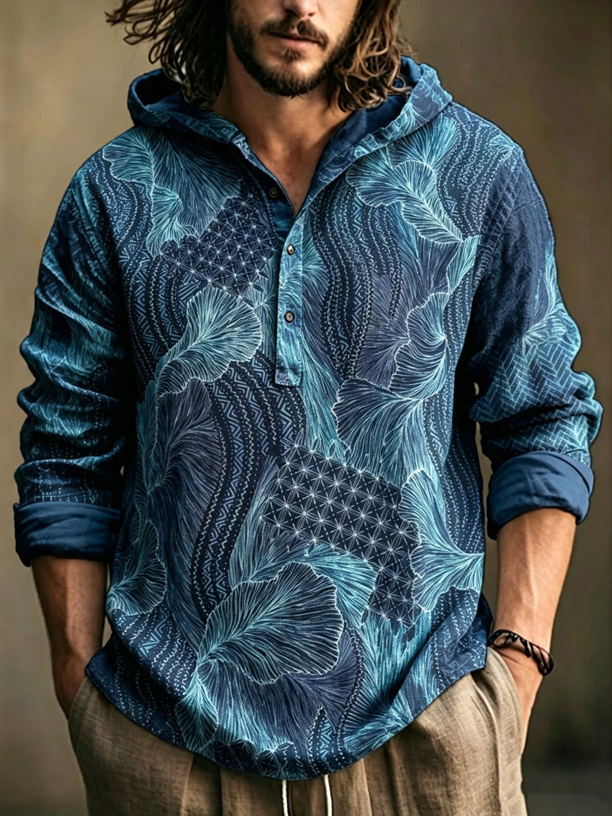 Men's Casual Vacation Printed Linen Hoodie