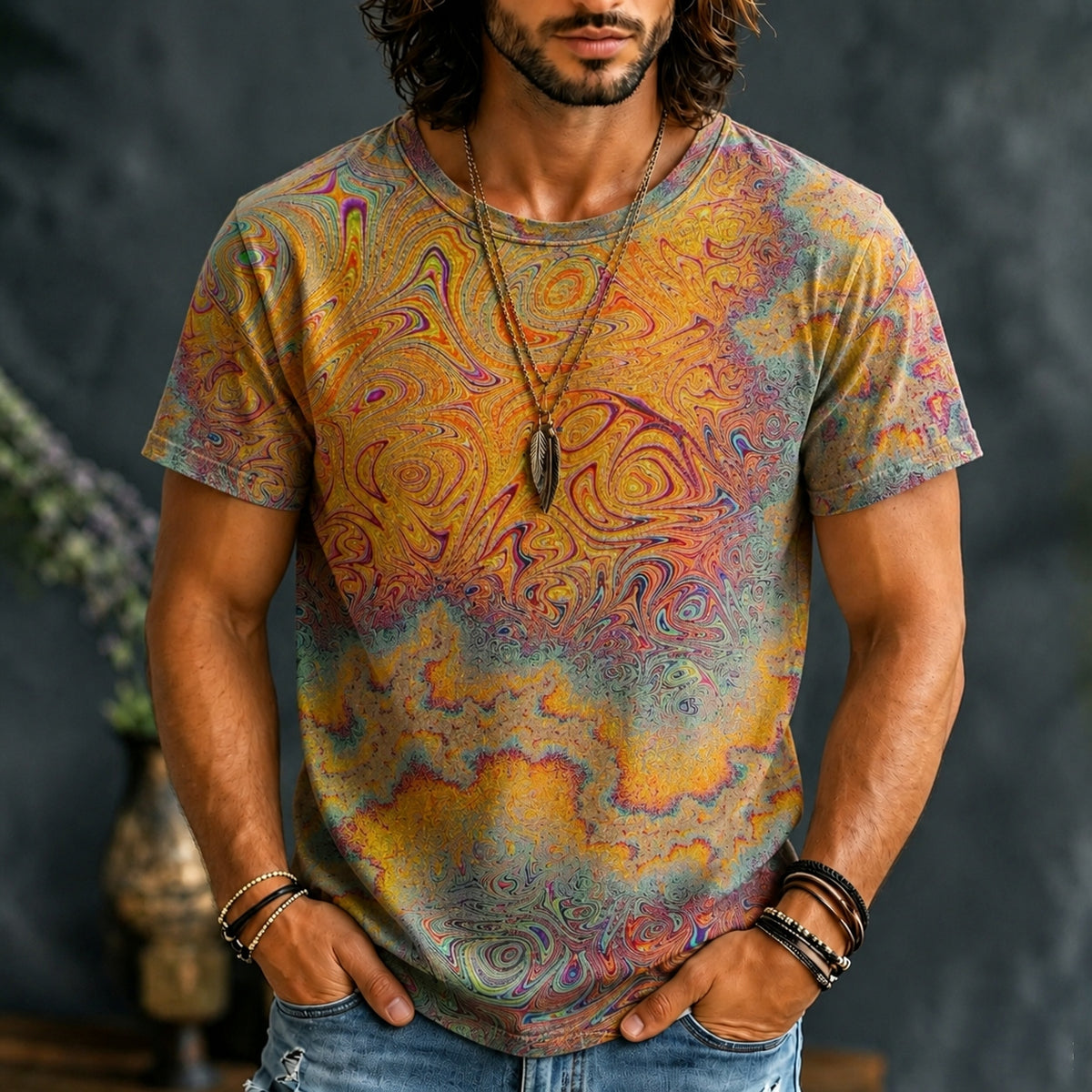 Men's Hippie Psychedelic Swirl Tie Dye Print Short Sleeve T-shirt