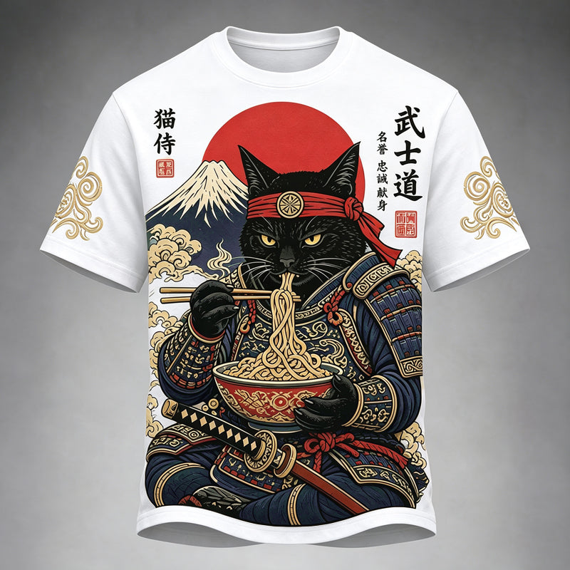 Men's Black Cat Samurai Eats Ramen Print Casual T-shirt