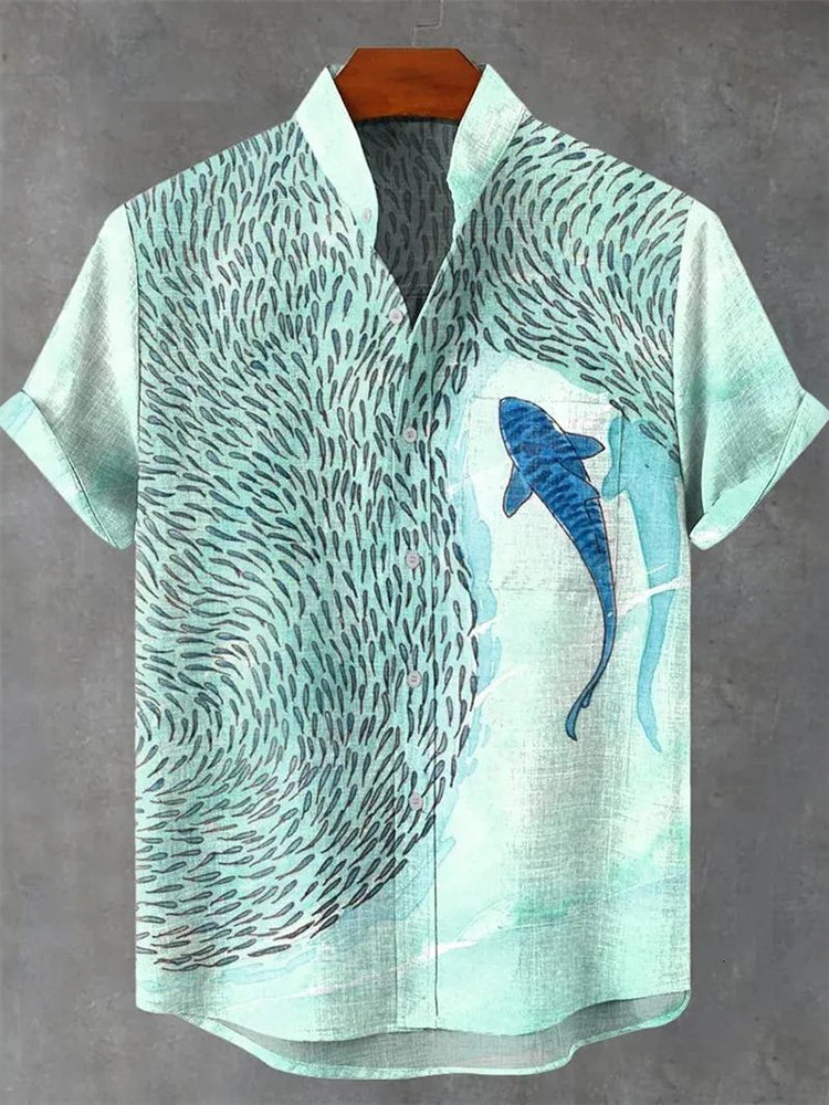 Men's Retro Art Fish Print Linen Short-sleeve Shirt