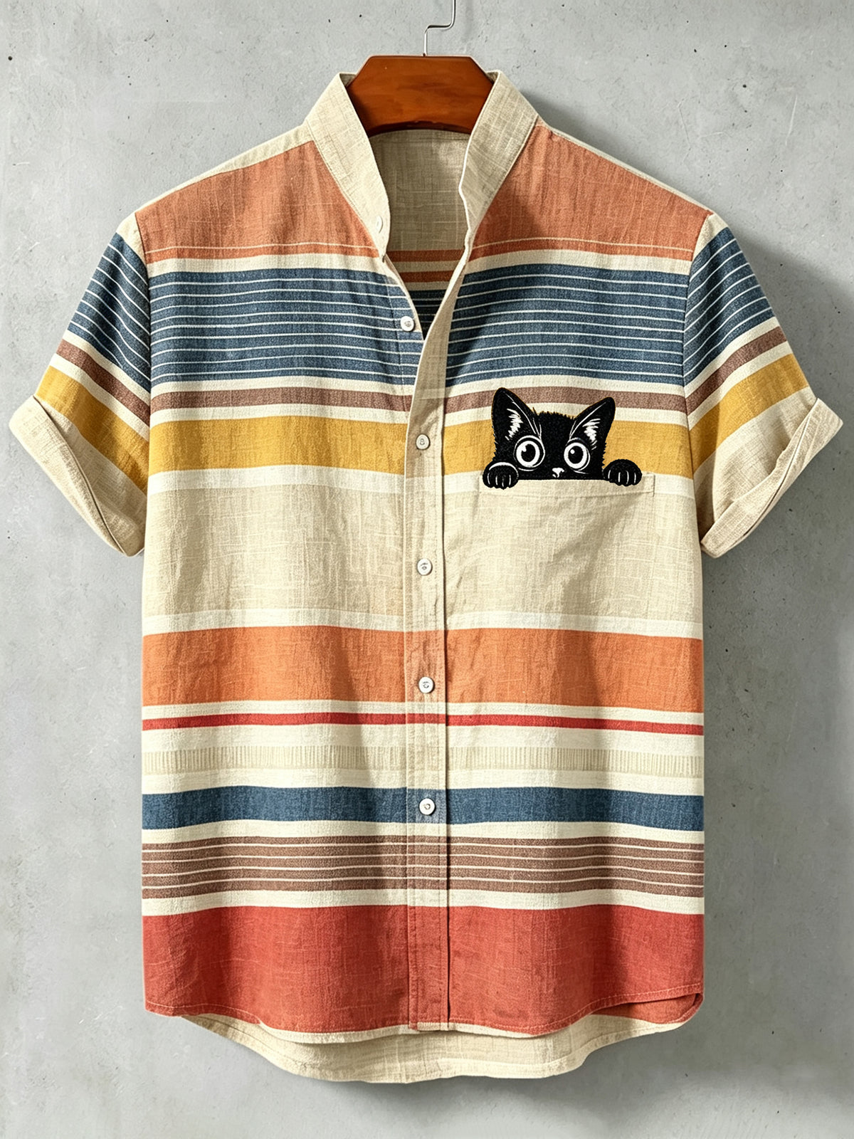 Men's Casual Retro Striped Black Cat Short-sleeve Linen Shirt