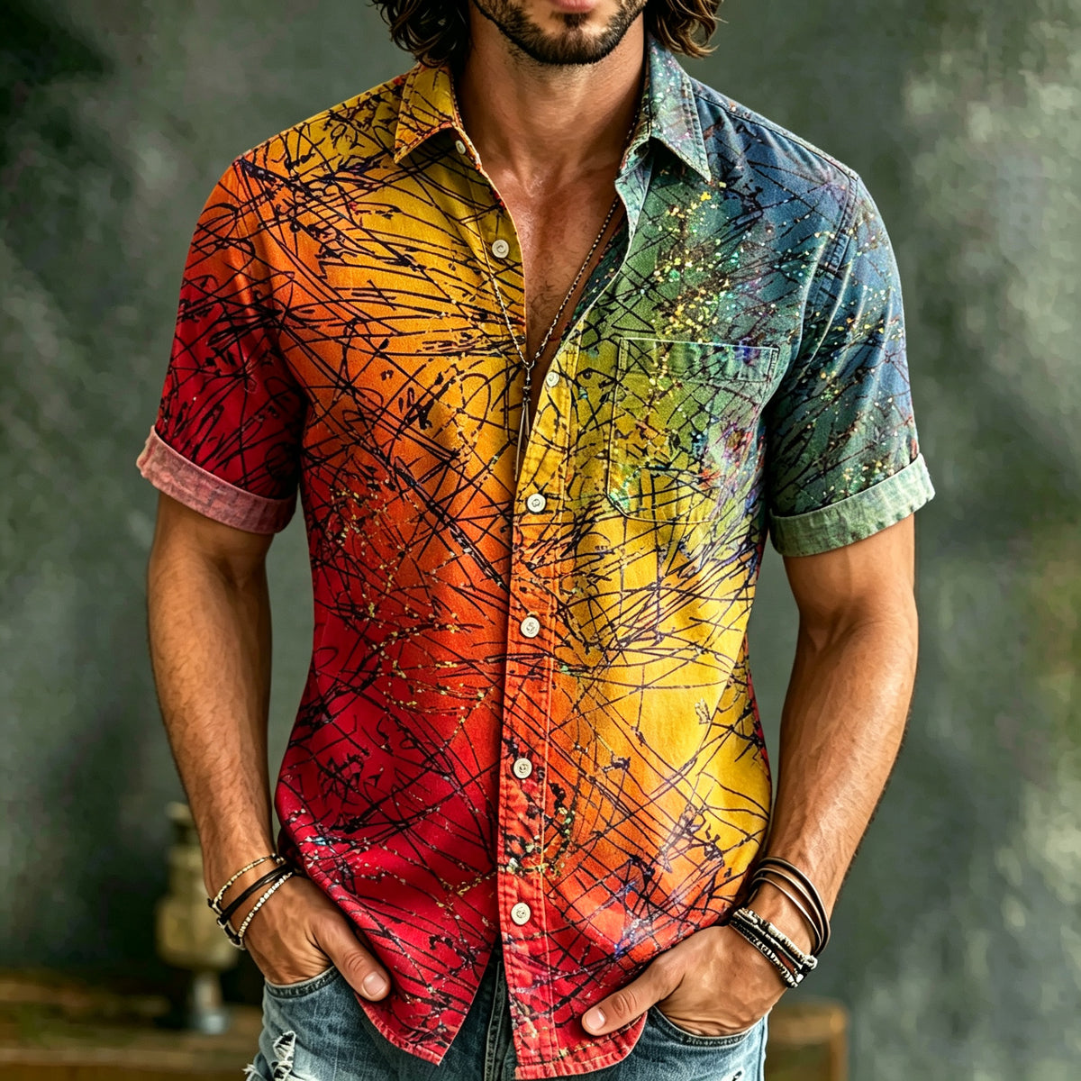 Men's Rainbow-colored Striped Print And Linen Short-sleeved Shirt