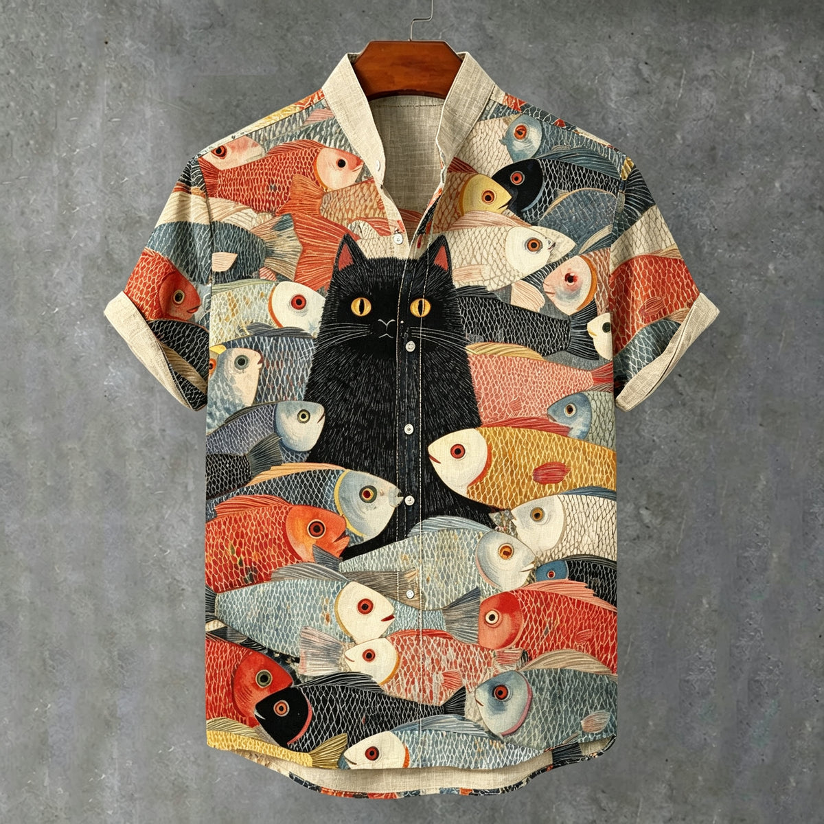 Men's Retro Artistic Cat And Fish Print Linen Short-sleeve Shirt