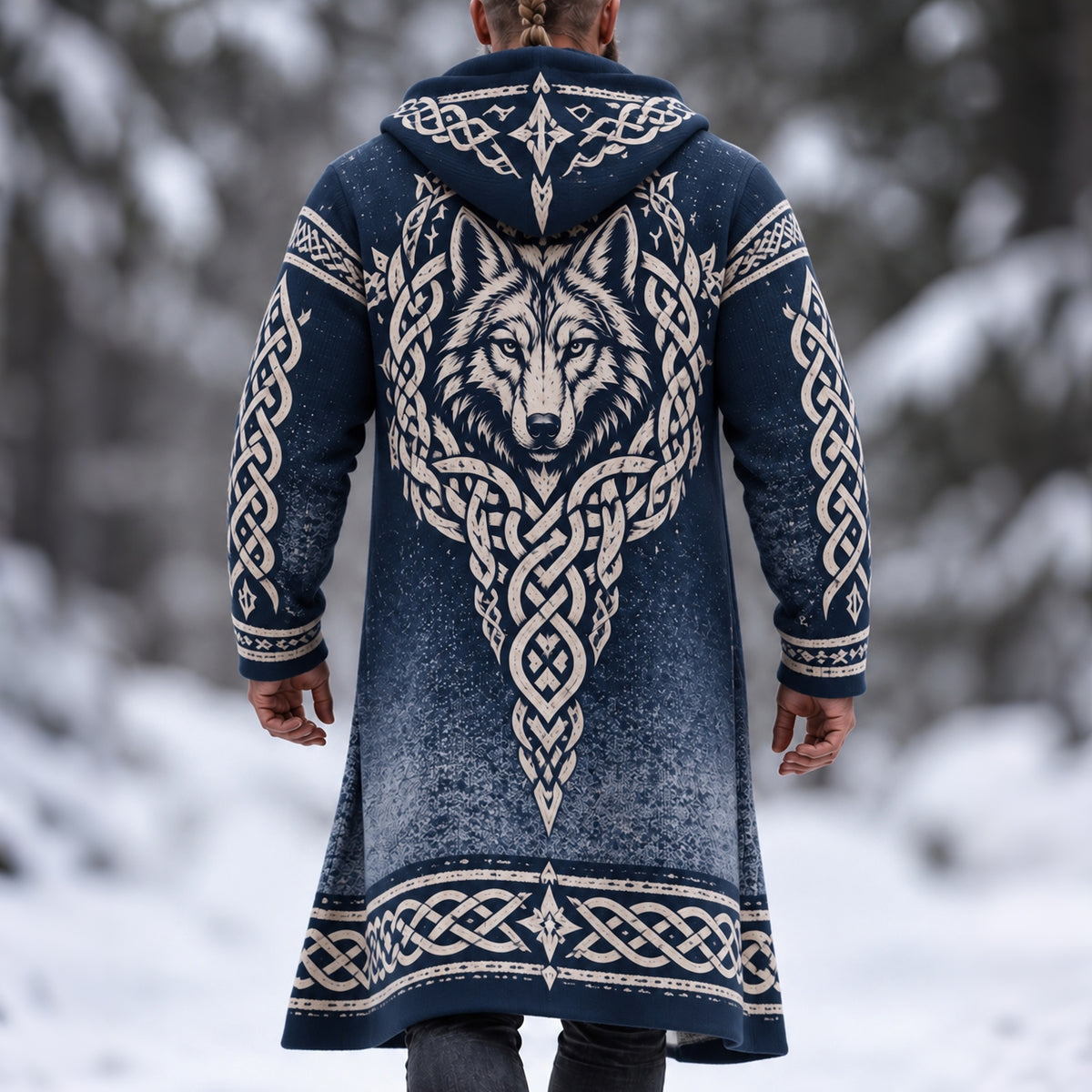 Men's Viking Wolf Celtic Knot Art Print Mid-length Warm Coat