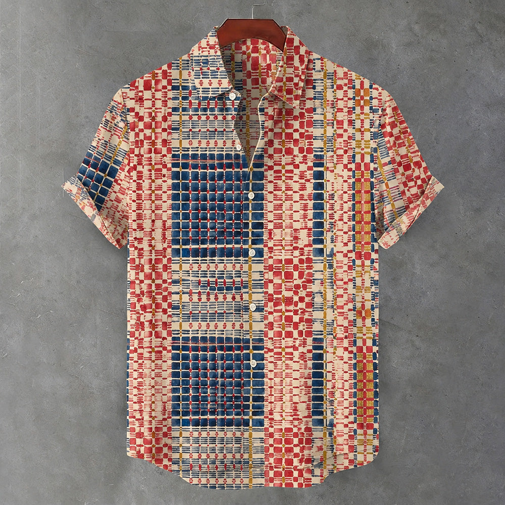 Men's Vintage Japanese Geometric Art Print Blend Short-sleeved Shirt