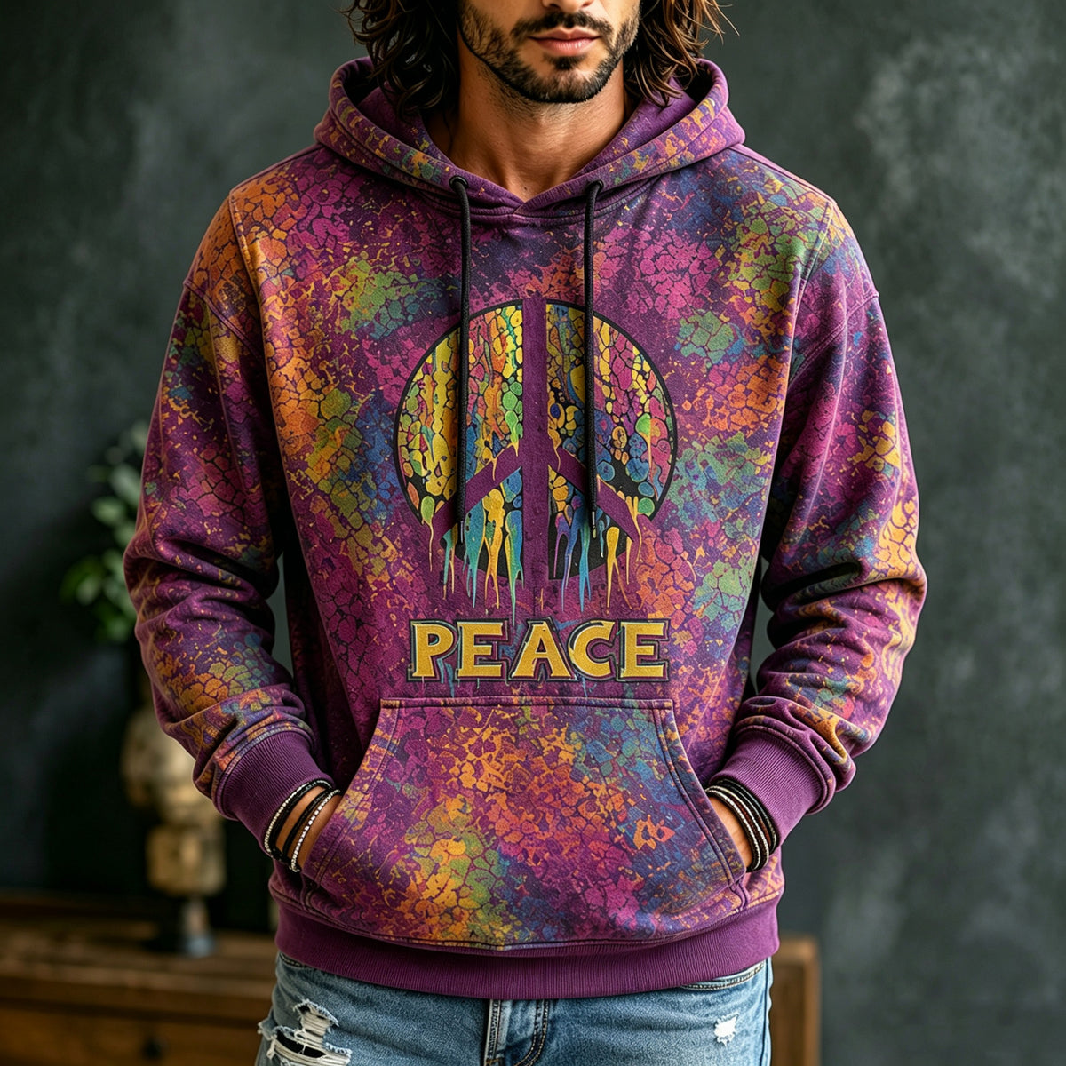 Men's Retro Hippie Peace Sign Print Hoodie