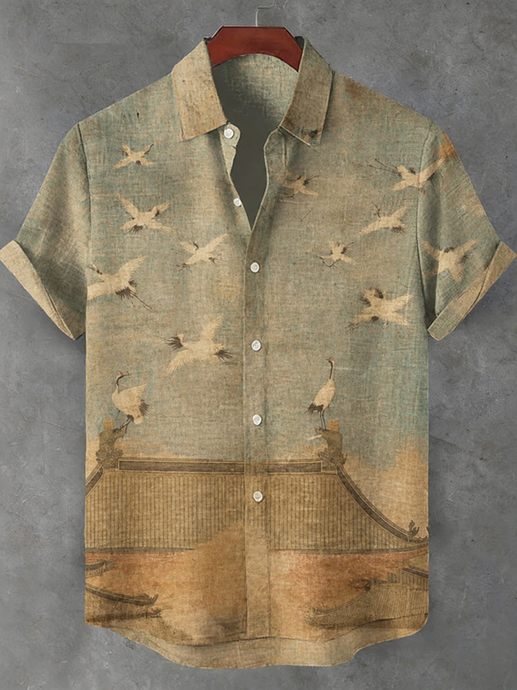 Vintage Flying Crane Scroll Art Print Linen- Blend Short-sleeved Shirt