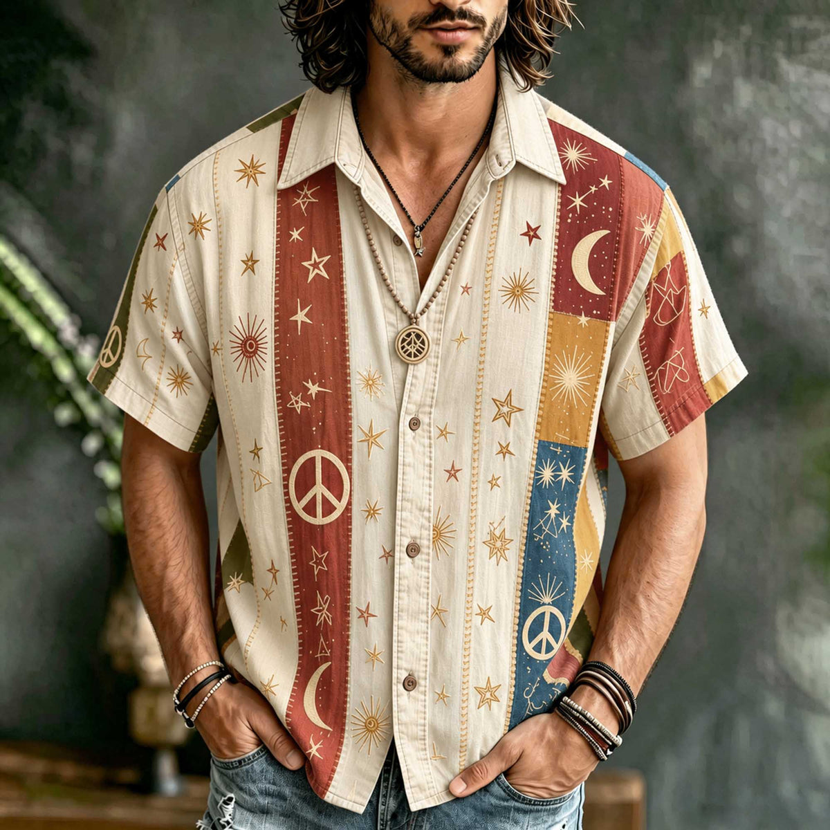 Vintage Hippie Stripe Patchwork Linen Shirt, 3d Embroidery Star & Crescent Casual Summer Short Sleeve Top