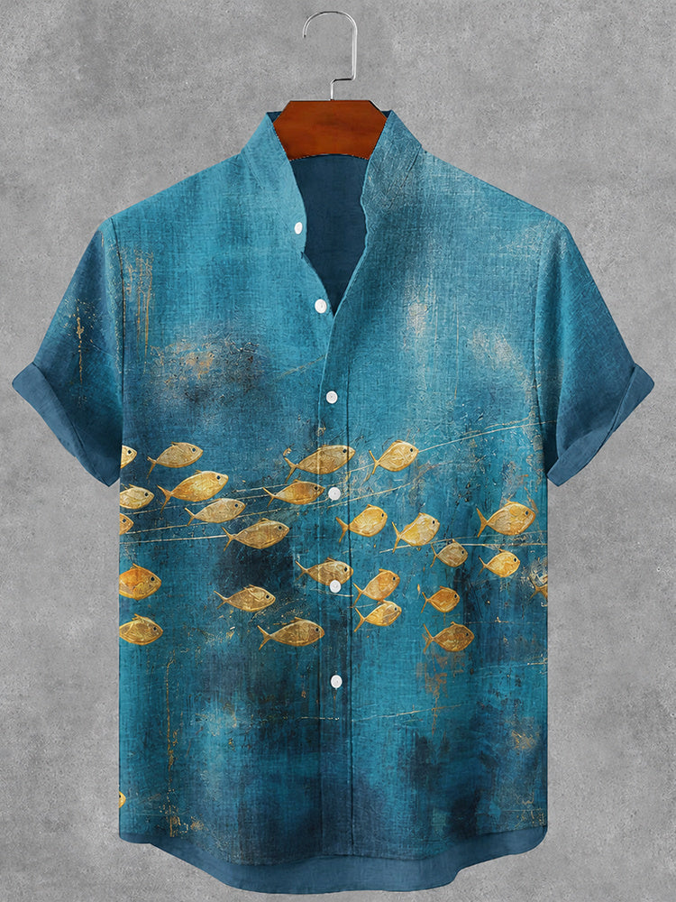 Men's Vintage Fish Art Print Short Sleeve Casual Shirt