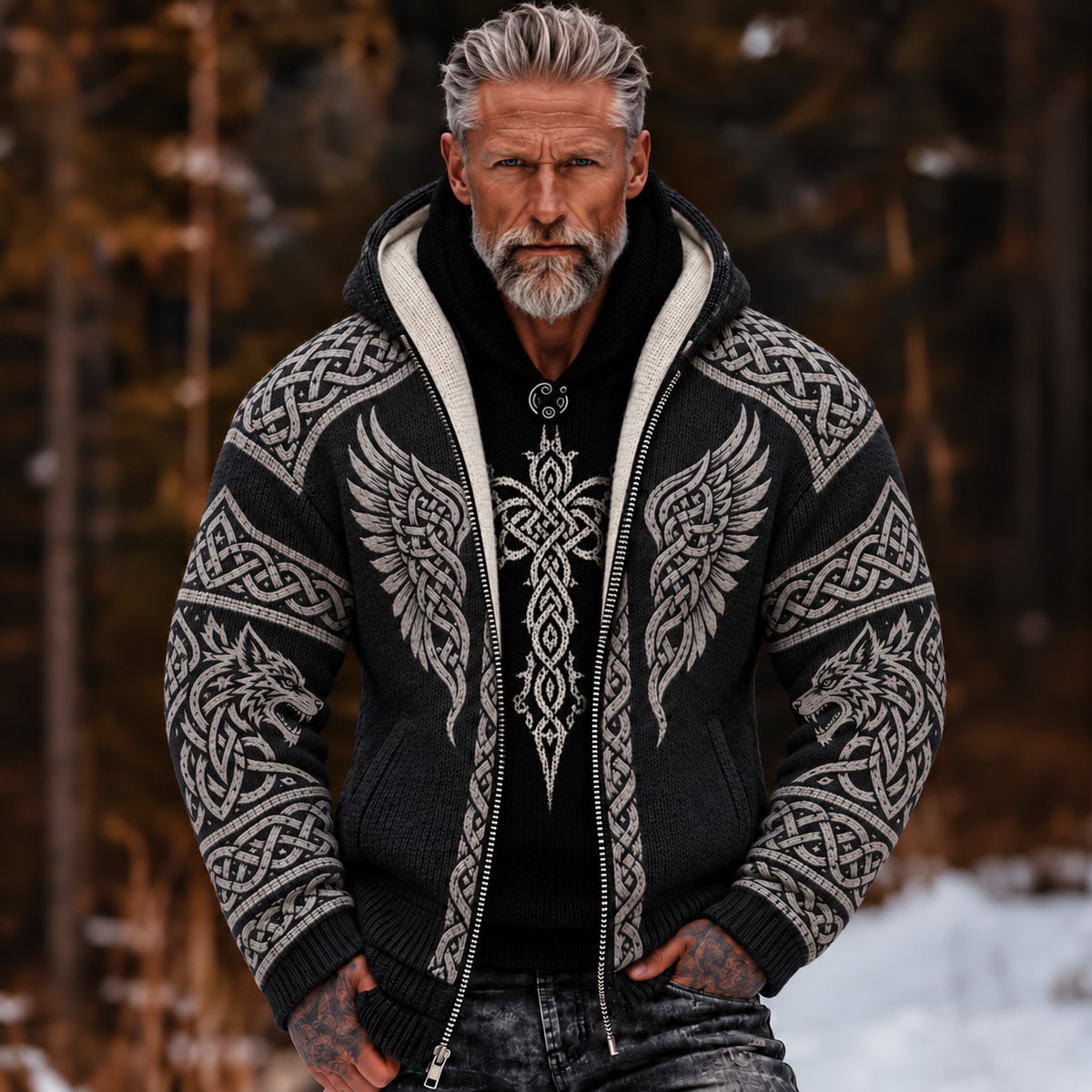 Men's Retro Tribal Viking Pattern Zip-up Cozy Hooded Sweater