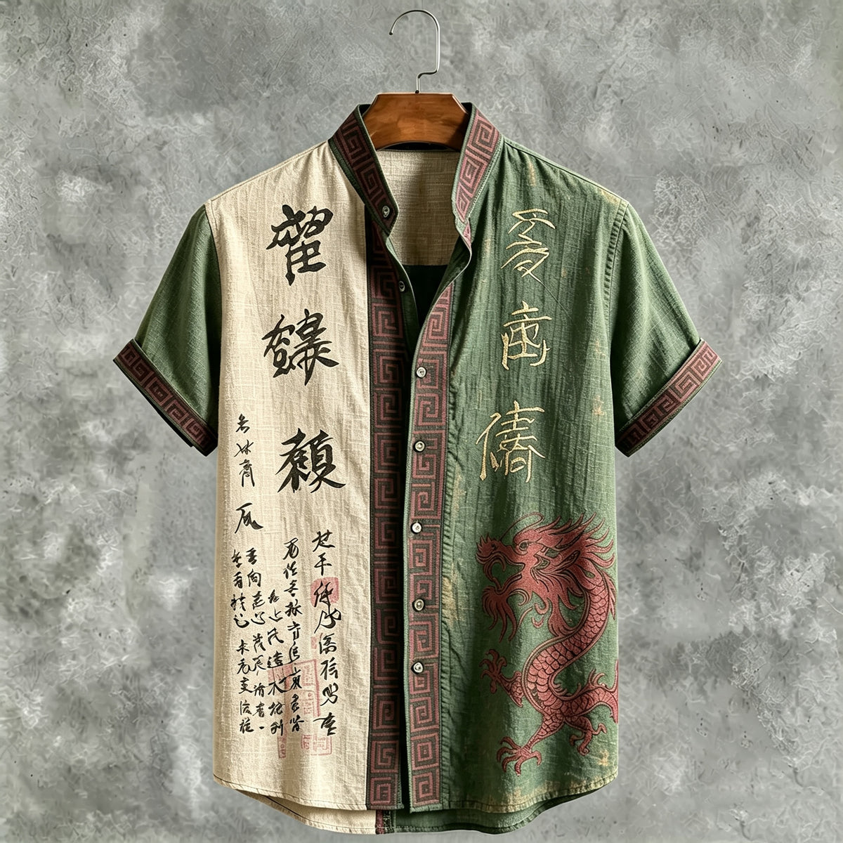Men's Retro Japanese Calligraphy And Dragon Art Pattern Casual Linen Blend Shirt