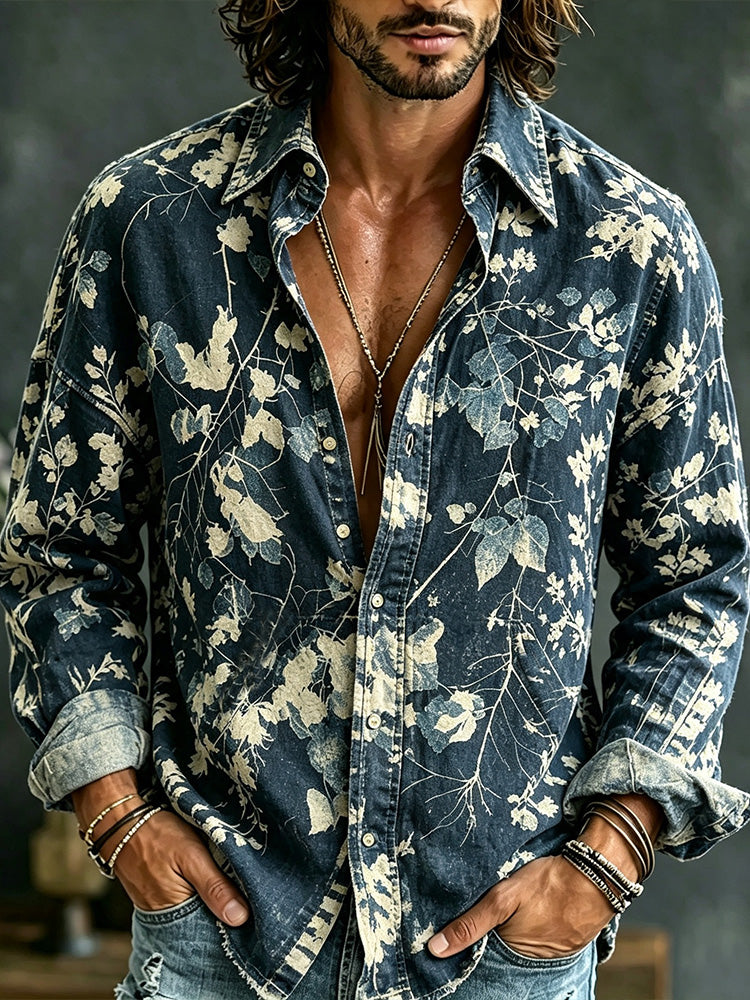 Men's Vintage Plant-dyed Printed Blend Long-sleeved Shirt