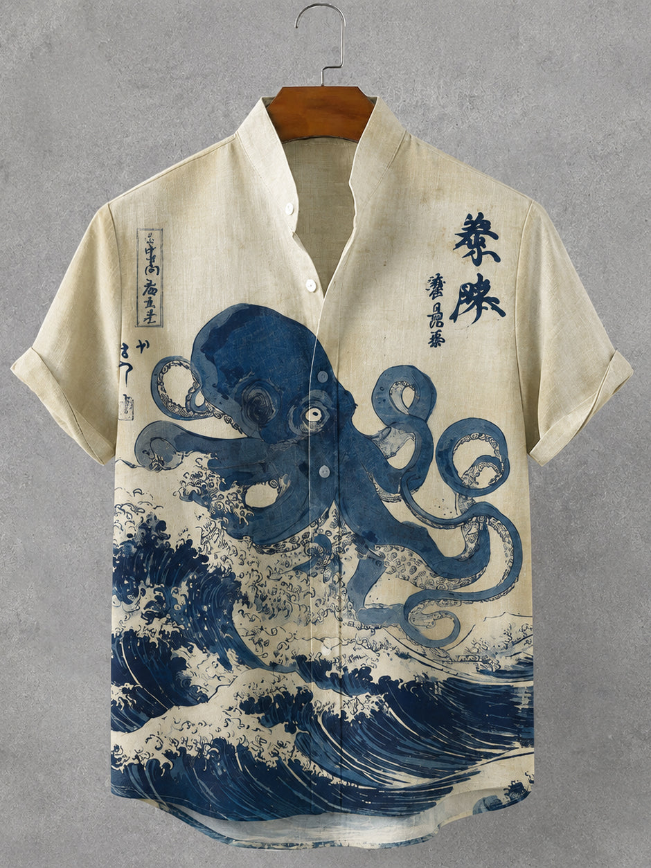 Men's Vintage Japanese Octopus Ocean Art Print Button Casual Linen Shirt