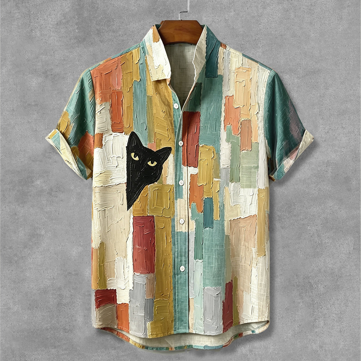 Men's Vintage Peeking Black Cat Contrast Oil Painting Art Casual Shirt