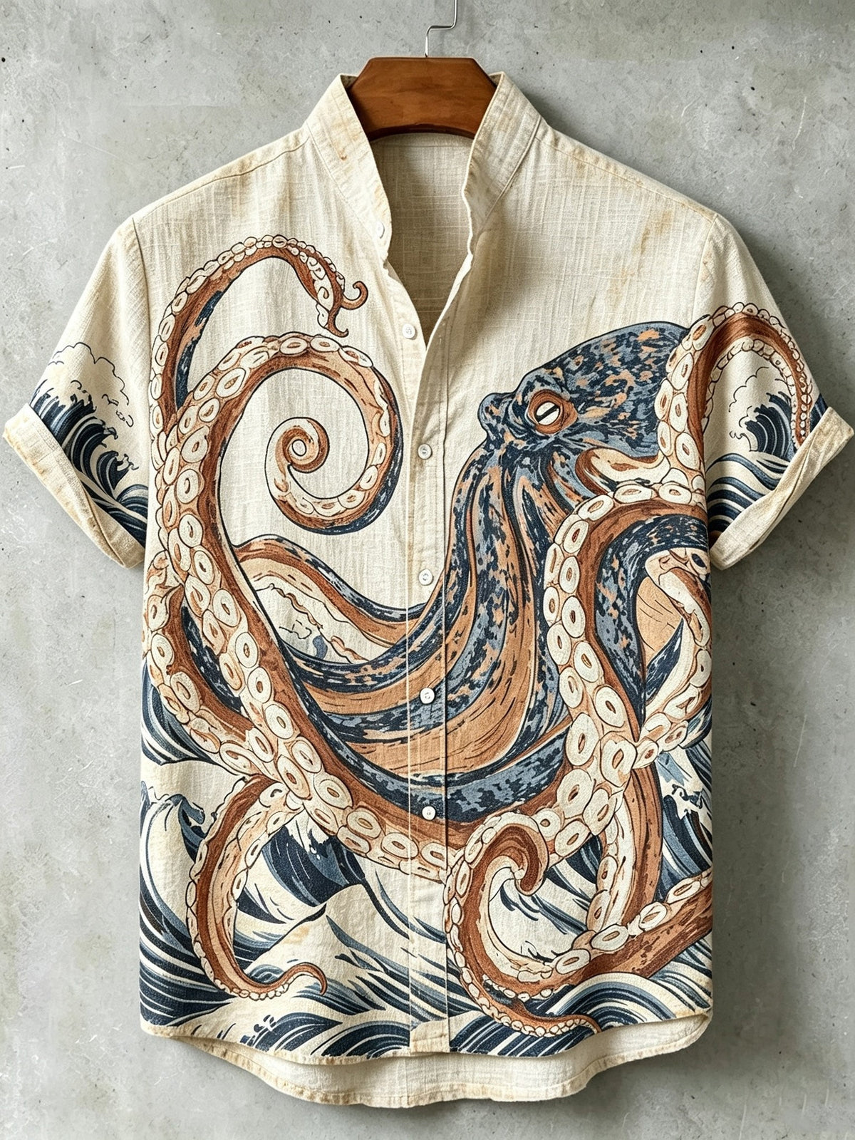 Men's Retro Japanese Art Octopus Print Linen Short-sleeve Shirt