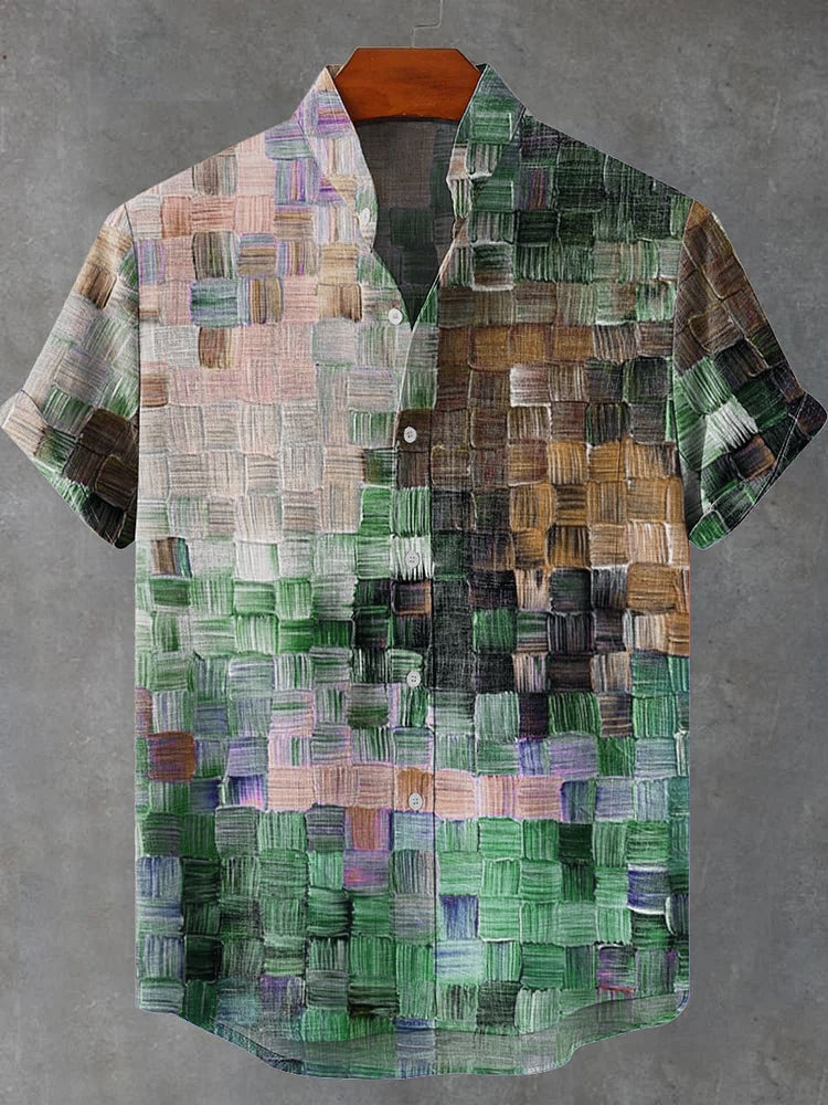 Oil Painting Style Lattice Vintage Art Print Casual Linen Shirt