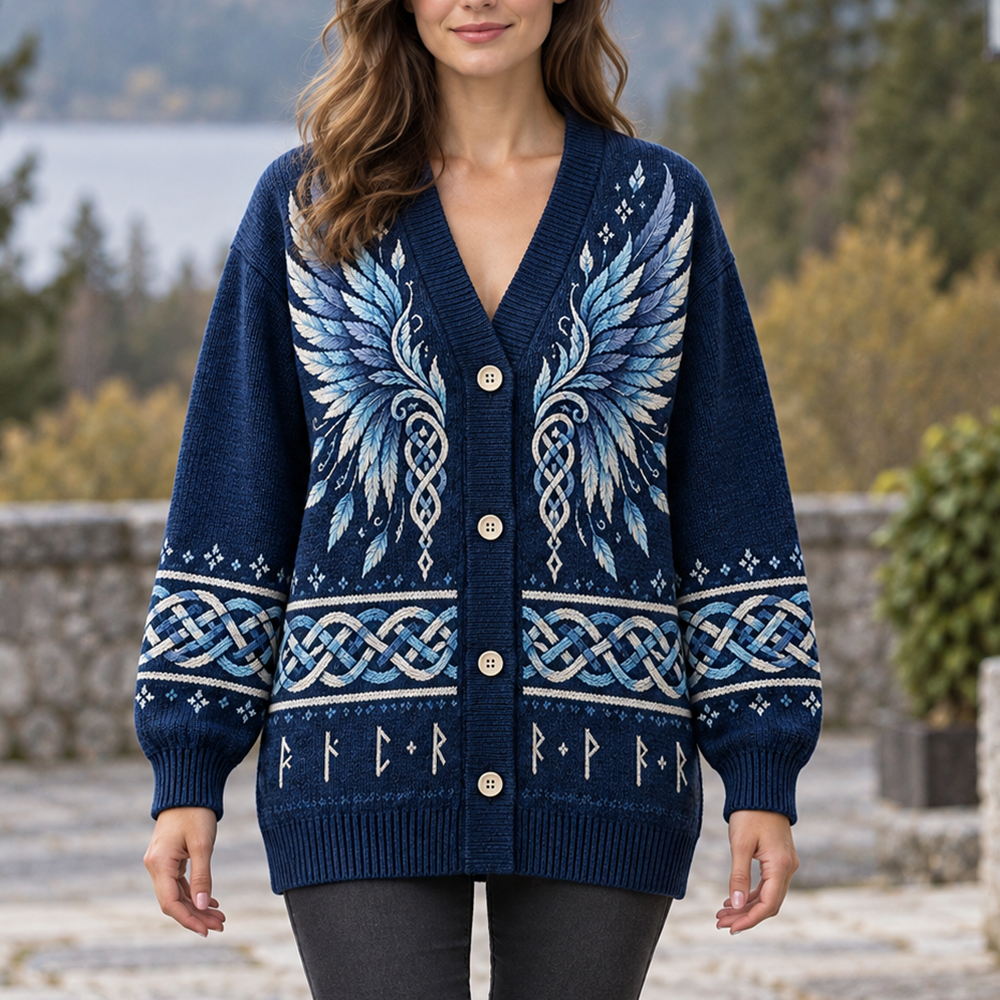 Womenwomen's Viking Wing And Celtic Knot Pattern V-neck Knit Cardigan