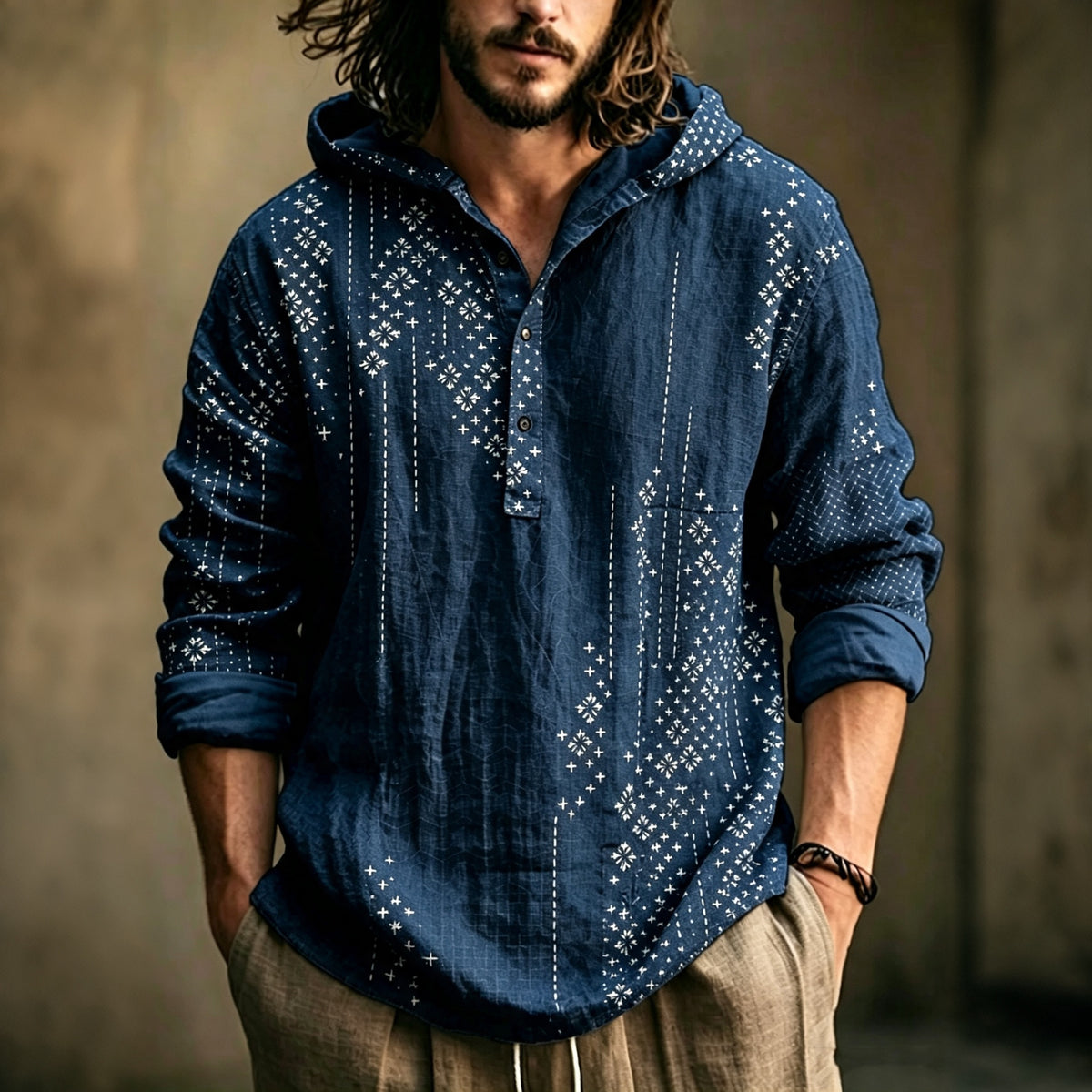Men's Vacation Retro Printed Linen Hoodie