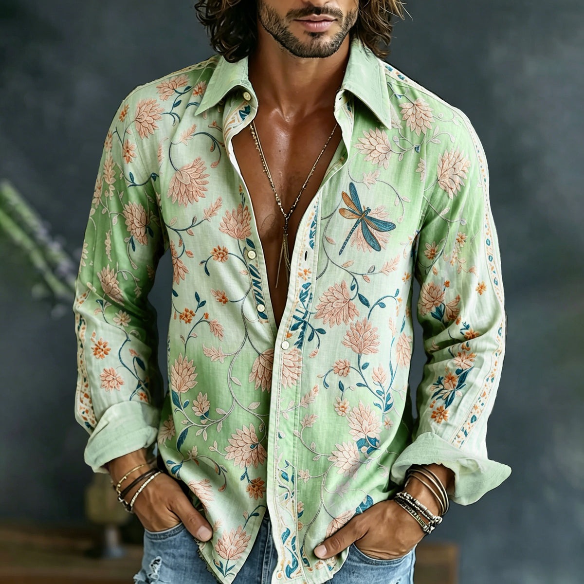Men's Vintage Floral Art Print Flowy Linen Blend Casual Shirt