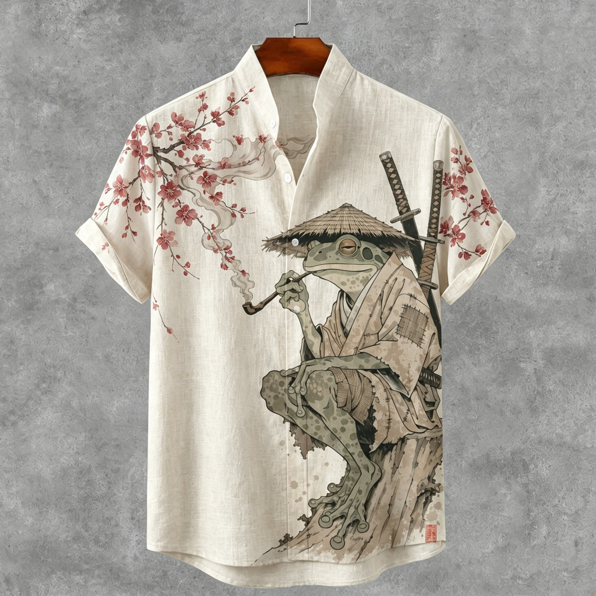 Men's Vintage Japanese Frog Art Print Casual Linen Shirt