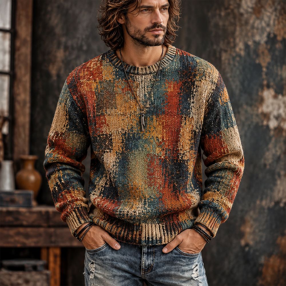 Men's Vintage Colorblock Geometric Pattern Knit Sweater