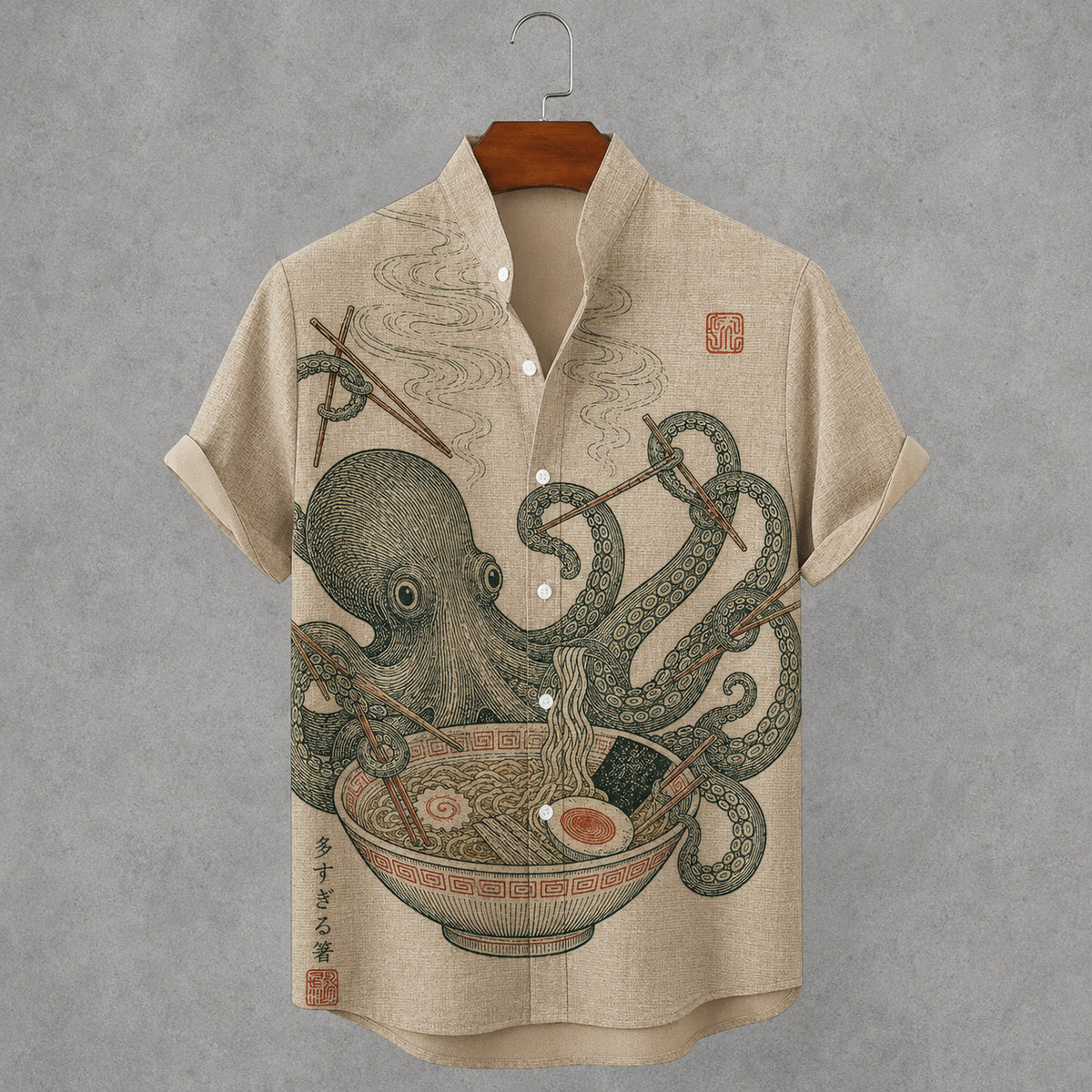 Men's Octopus Eating Ramen Art Print Short Sleeve Casual Shirt